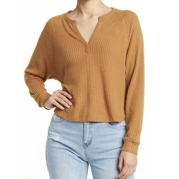 Abound Waffle Knit Long Sleeve Henley in Tan Dale - Picture 1 of 7